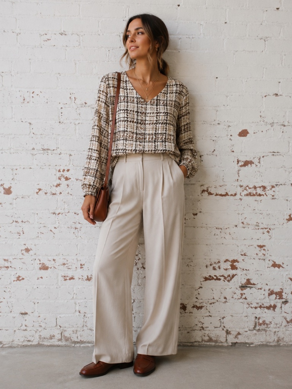 NWT Neutral Plaid V-Neck Blouse Relaxed Long Sleeve Top Size M
